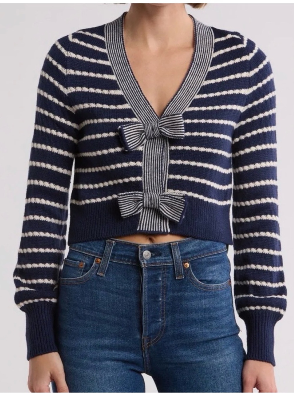 Vigoss Navy and White Striped Bow-Front V-Neck Crop Sweater